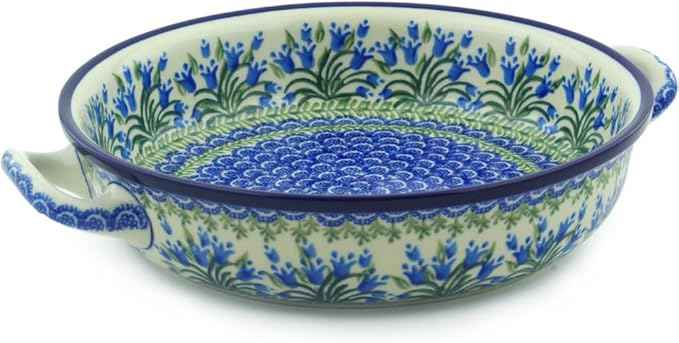 Polmedia Polish Pottery Round Baker with Handles 10-inch - Feathery Bluebells Pattern Handmade in Boleslawiec Poland by Ceramika Artystyczna + Certificate of Authenticity