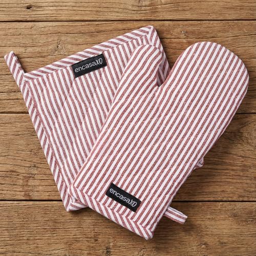 Oven Mitts and Pot Holders Set (Oven Glove + Pot Holder / Ticking Red)