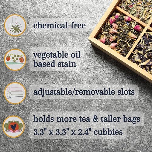 Bamboo Tea Organizer Box Chemical Free Eco (8-Slot Rectangular / Tea Leaf Stamp)