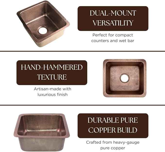 Monarch Abode Kitchen & Bar Sink – 17-inch Highball Dual Mount Drop in Kitchen Sink, Hand Hammered Pure Copper Sinks, Drop in Bar Sinks or Undermount, Deep Single Rectangular Bowl