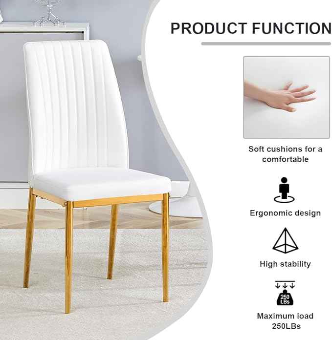 White Golden Dining Chairs Set - Modern PU Leather Armless Chairs with Metal Legs for Dinner Room, Office, Waiting Room (Set of 6)