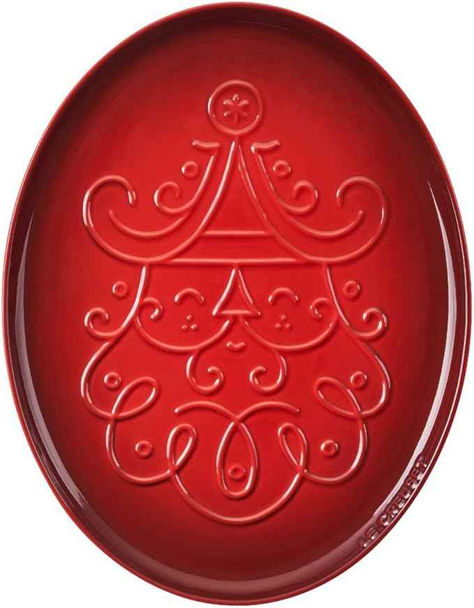 Le Creuset Stoneware Noel Collection: Oval Santa Cookie Platter, 14 oz., Cerise w/Embossed Design