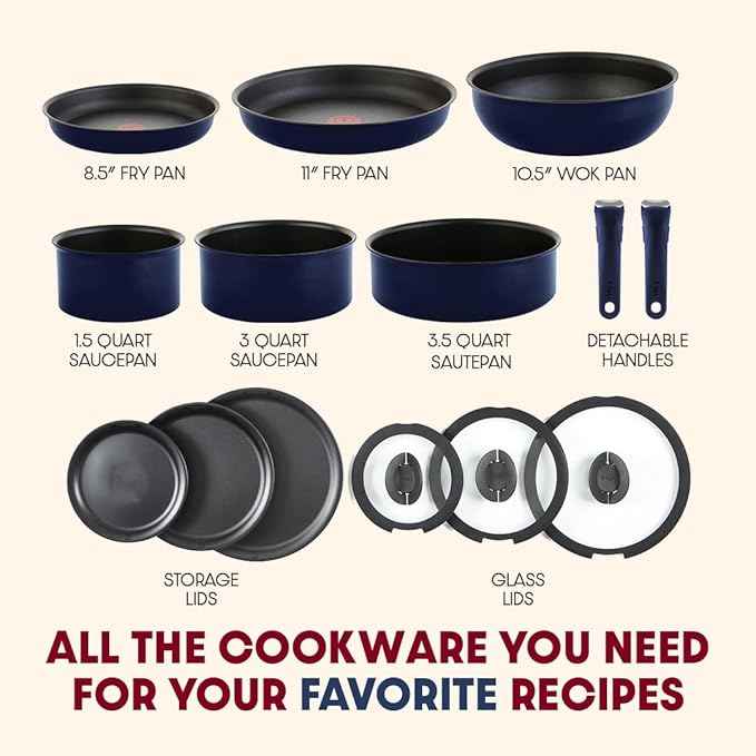 T-fal Ingenio Expertise Non Stick Cookware Set 14 Piece, Induction Oven Broiler Safe 500F, Detachable/Removable Handle, Kitchen, Pots and Pans, RV, Camping, Fry Pans, Saucepans, Dishwasher Safe, Blue