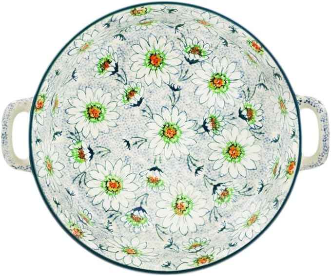 Polmedia Polish Pottery Round Baker with Handles 10-inch UNIKAT - Sea Of Daisies Pattern Handmade in Boleslawiec Poland by Ceramika Artystyczna + Certificate of Authenticity