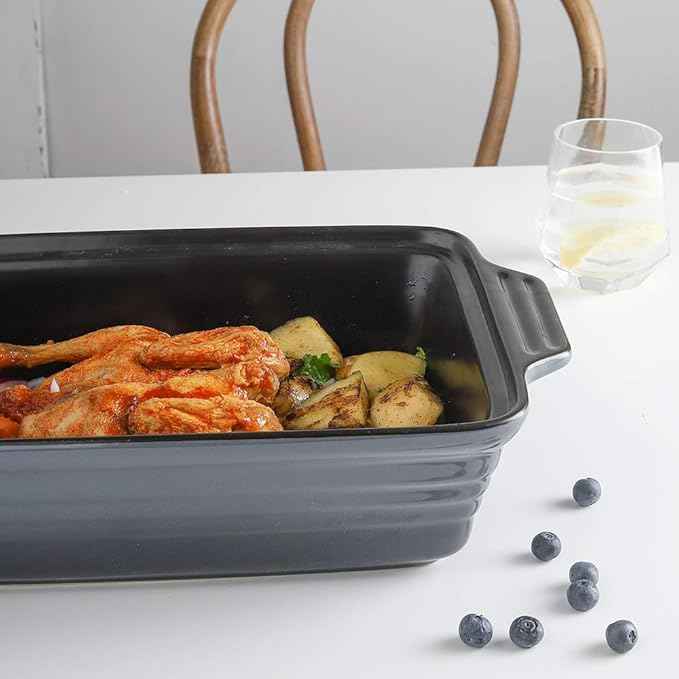 KOOV Ceramic Casserole Dish With Lid, Covered Rectangular Set, Lasagna Pan for Cooking, Baking Dish for Dinner, Kitchen, 9 x 13 Inches, Reactive Glaze (Gradient Grey)