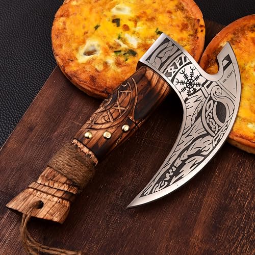 Pizza Cutter Axe Carbon Steel Slicer Chef Viking Axe with Leather Cover (Hand Engraved Etched Ash Wood)