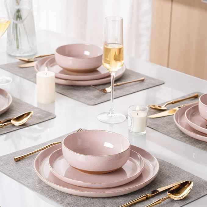 AmorArc Ceramic Dinnerware Sets for 4, 12 Pieces Handpainted Plates and Bowls Set with Rustic Terracotta Underside, Scratch Resistant Stoneware Dishes Set, Dishwasher & Microwave Safe