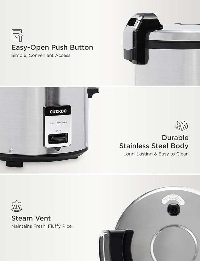 CUCKOO Commercial Rice Cooker & Warmer, Extra Large Rice Cooker 30-Cup Uncooked / 60-Cup Cooked, Professional Industrial Grain Cooker with Large Capacity, Easy One-Touch Operation, Silver (CR-3032)