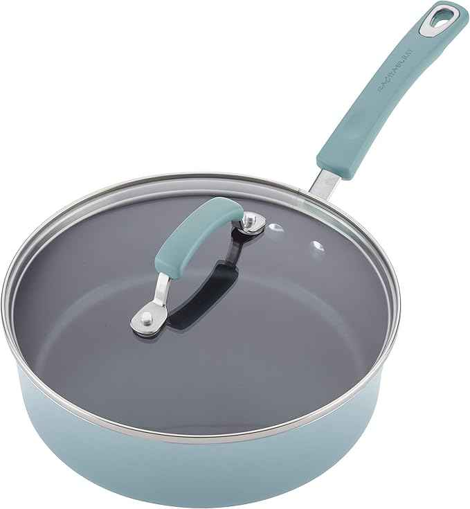 Rachael Ray Brights Nonstick Pots and Pans, Includes Crispy Sheet Baking Pan/Bakeware and Kitchen Cooking Tools, 14 Piece Cookware Set - Sky Blue
