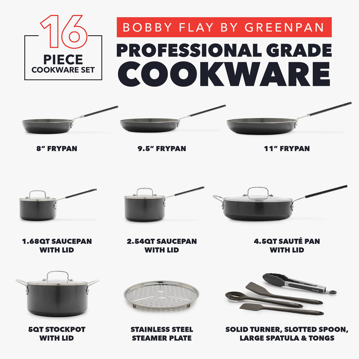 X Bobby Flay 16 Piece Ceramic Nonstick Cookware Set (16 Piece Cookware Set / Graphite)