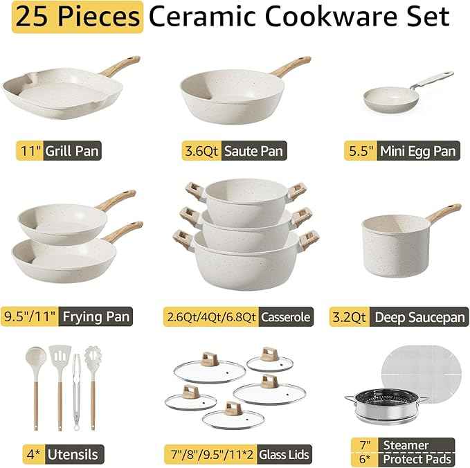 25Pcs Pots and Pans Set Non Stick, Ceramic Cookware with Titanium-Reinforced Nonstick Coating, PFAS-Free & Induction Ready, Long-Lasting Performance, Full Kitchen Set with 3 Casseroles