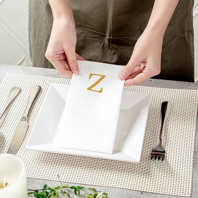 Luxenap 15.8 X 7.9 Inch Linen-Feel Guest Towels, 50 Lettered Hand Towels - Gold Letter 'Z', Sans Serif Font, White Paper Dinner Napkins, airlaid, For Restrooms And Tables - Restaurantware