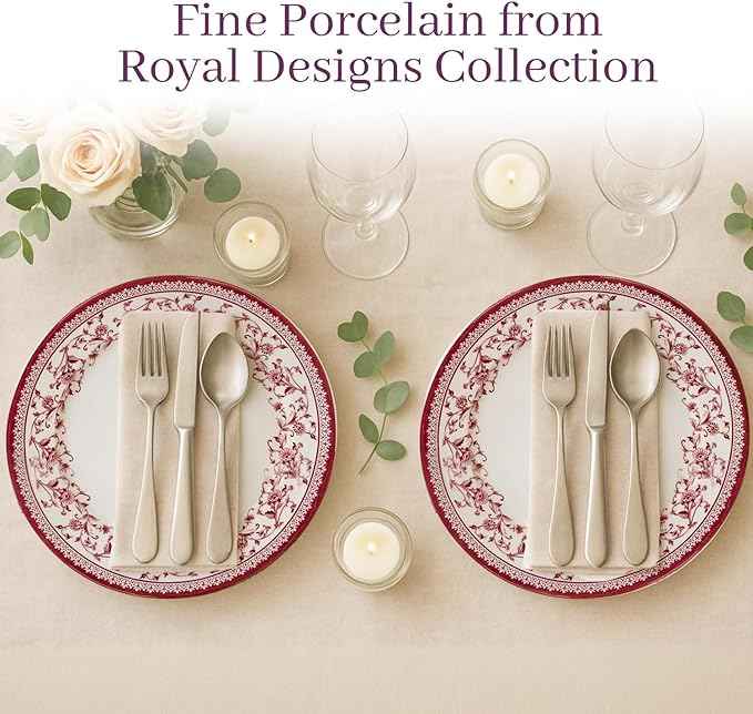 TUDOR Royal Collection 12-Piece Round Porcelain Dinnerware Set, Service for 4 with Dinner Plates, Bowls, and Salad Plates, Aster Pink Red Floral Design, High Gloss Finish, Durable & Premium Quality