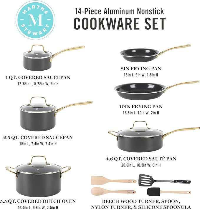 Martha Stewart Lockton 14 Piece Premium Non-Stick Heavy-Gauge Aluminum Cookware Combo Set (Pots, Pans, and Tools) - Black w/Gold Handles