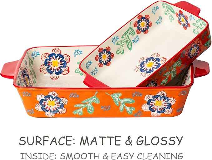 Ceramic Baking Dish Set, 2-Piece Stoneware Bakeware with Handles, 3QT & 1.2QT Casserole Dishes for Oven to Table, Microwave Dishwasher Safe, Lead-Free, Hand-Painted Bakeware -Warm Orange