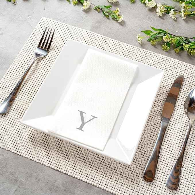 Luxenap 15.8 X 7.9 Inch Linen-Feel Guest Towels, 50 Lettered Hand Towels - Silver Letter 'Y', Sans Serif Font, White Paper Dinner Napkins, airlaid, For Restrooms And Tables - Restaurantware