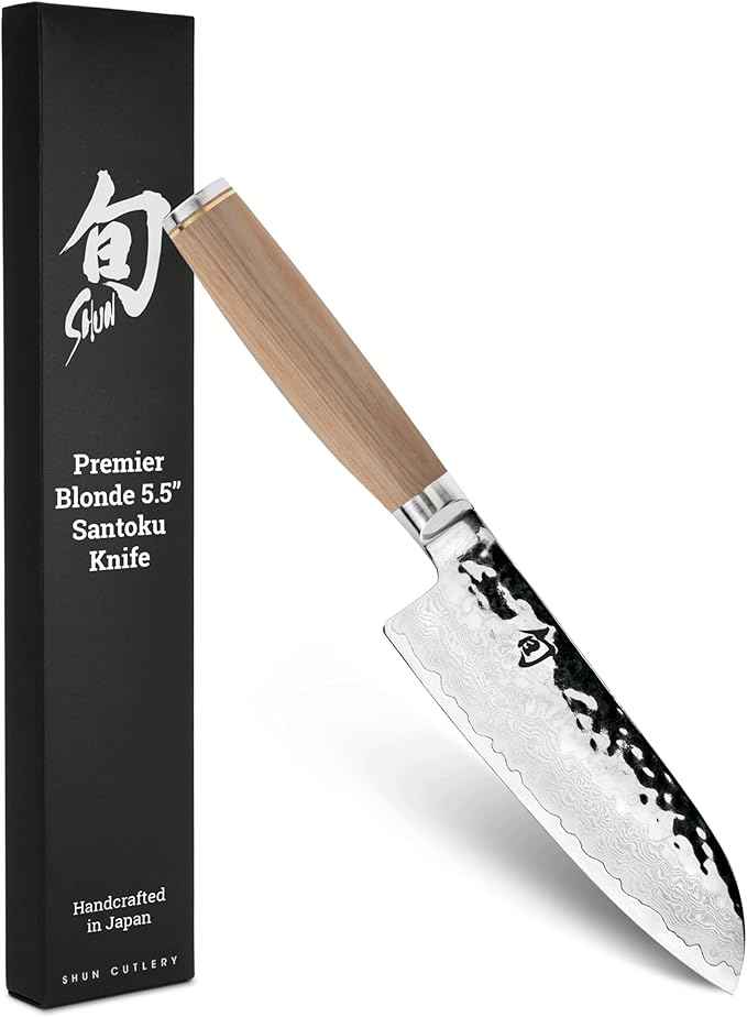Shun Premier Blonde 5.5" Santoku Knife, Handcrafted and Hand-Sharpened Japanese All Purpose Knife, VG-MAX Core with Damascus Stainless Steel Cladding, Pakkawood Handle, Versatile Japanese Tool