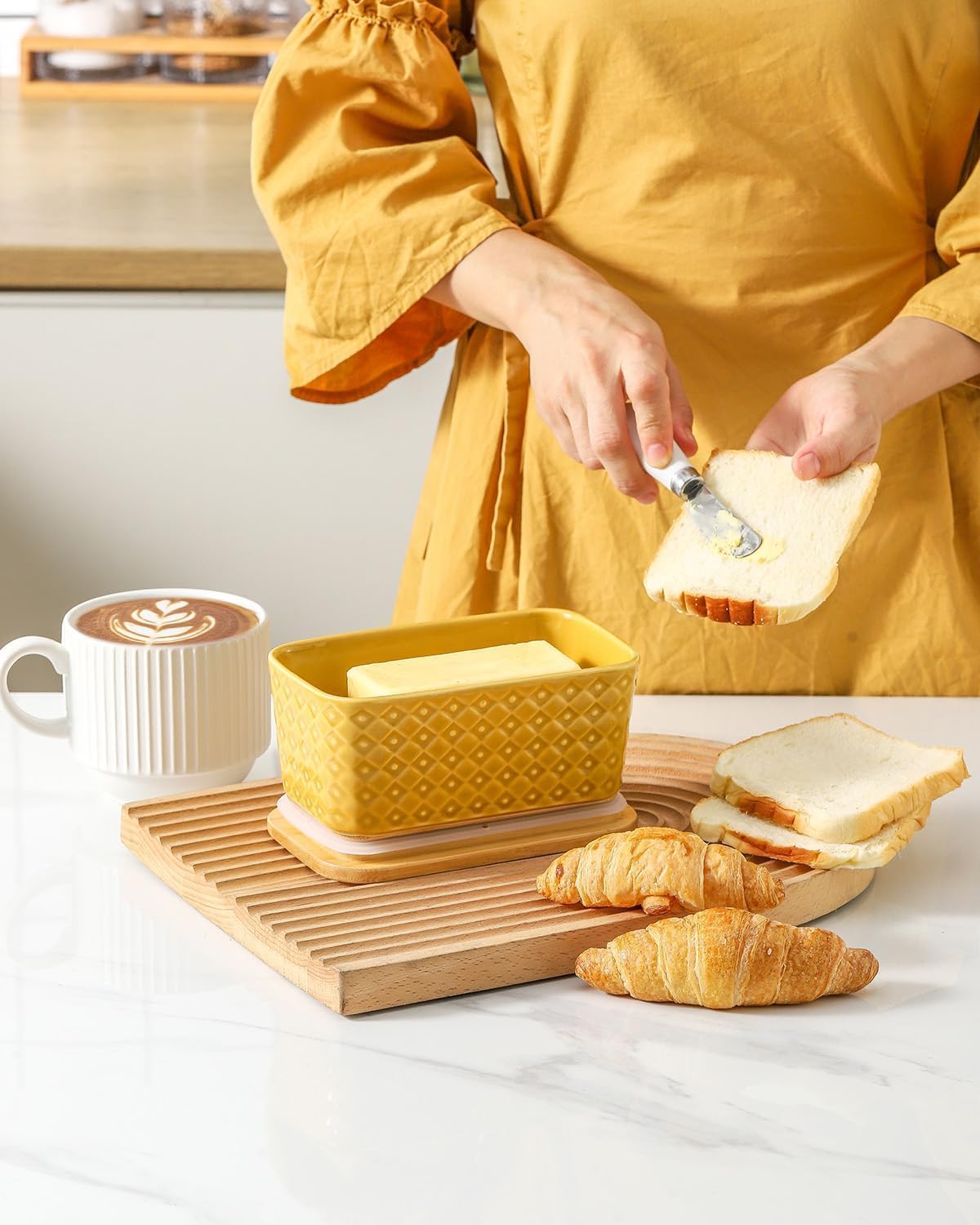Ceramic Butter Dish with Lid,Large Butter Container with Airtight Cover for Countertop or Refrigerator,Farmhouse Kitchen Butter Holder for Gift,Dishwasher Safe,Yellow Embossed Pattern