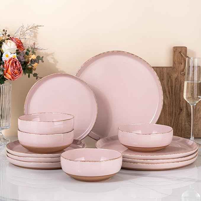 AmorArc Ceramic Dinnerware Sets for 4, 12 Pieces Handpainted Plates and Bowls Set with Rustic Terracotta Underside, Scratch Resistant Stoneware Dishes Set, Dishwasher & Microwave Safe