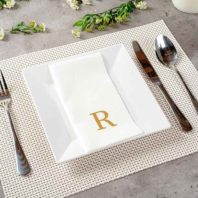 Luxenap 15.8 X 7.9 Inch Linen-Feel Guest Towels, 2000 Lettered Hand Towels - Gold Letter 'R', Sans Serif Font, White Paper Dinner Napkins, airlaid, For Restrooms And Tables