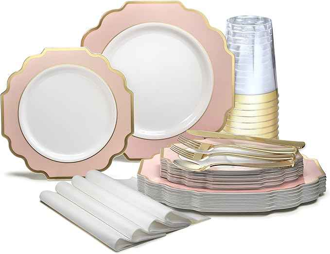 " OCCASIONS " 960 Piece set (120 Guests)-Heavyweight Wedding Party Disposable Plastic Plate Set - 120 x 10.5'' + 120 x 8'' + Silverware + Cups + Napkins (Imperial in Blush Pink & Gold)