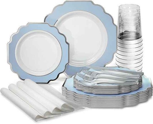 " OCCASIONS " 200 Piece set (25 Guests)-Wedding Plastic Plates & cutlery -Disposable heavyweight Dinnerware 10.5'', 8''+Silverware+10oz Cups+Napkins (Imperial in White & Blue & Silver)