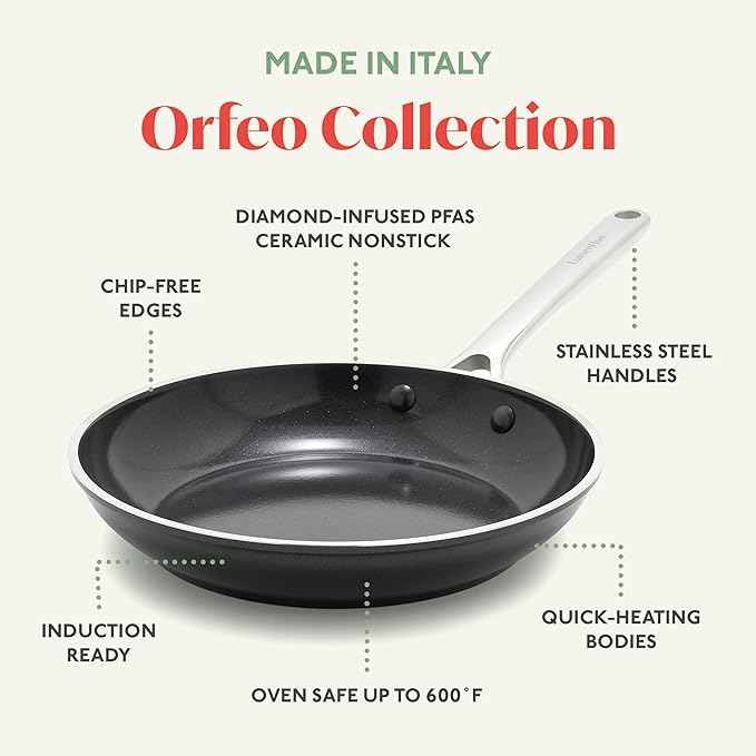 Orfeo 8” Nonstick Frying Pan Skillet, Made in Italy, Diamond Ceramic PFAS-Free Cookware, Induction Ready, Scratch Resistant, Laser-Fused Surface for Durability, Dishwasher Safe, Black