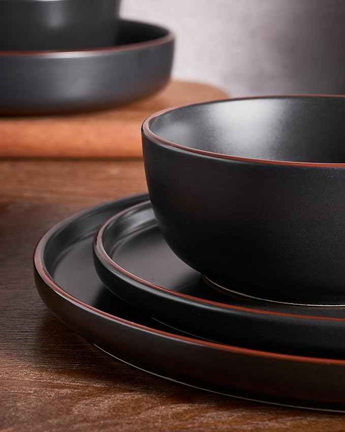 Famiware Mercury Dinnerware Sets with Mugs, Service for 6 (24 Pieces), Stoneware Plates and Bowls Sets, Microwave and Dishwasher Safe Dishes Set, Matte Black