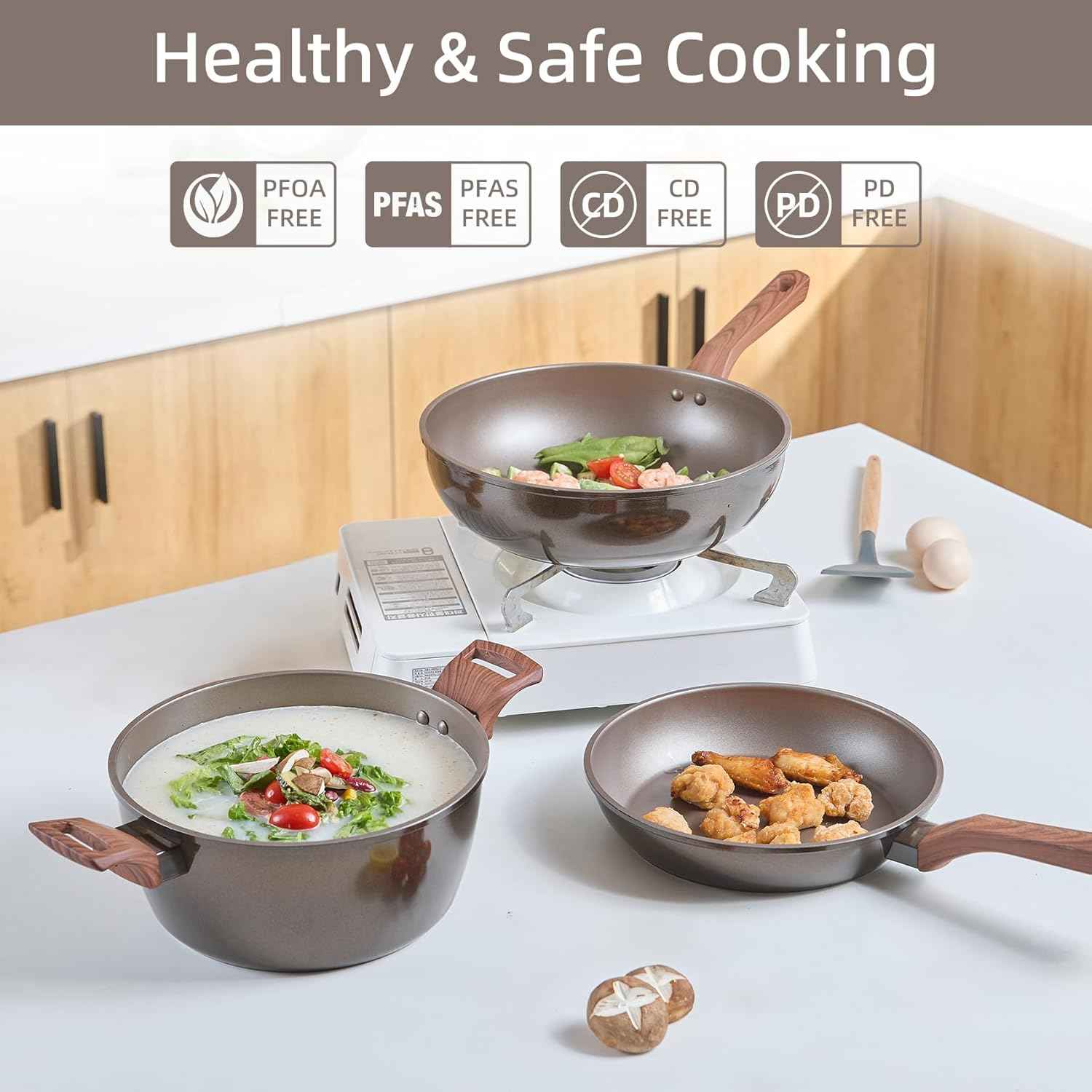 12Pcs Pots and Pans Set, Nonstick Cookware Sets, Non Stick Pots and Pan Set with Frying Pans, Saucepans, Steamer Silicone Shovel Spoon