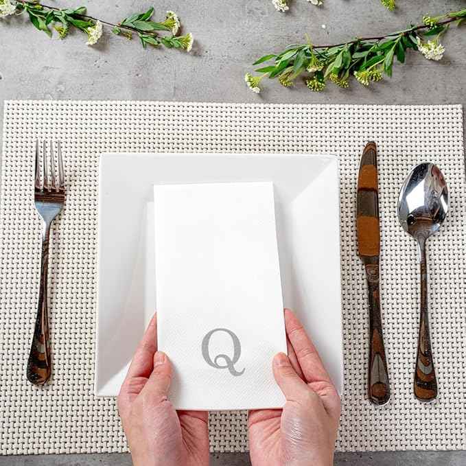 Luxenap 15.8 X 7.9 Inch Linen-Feel Guest Towels, 2000 Lettered Hand Towels - Silver Letter 'Q', Sans Serif Font, White Paper Dinner Napkins, airlaid, For Restrooms And Tables - Restaurantware