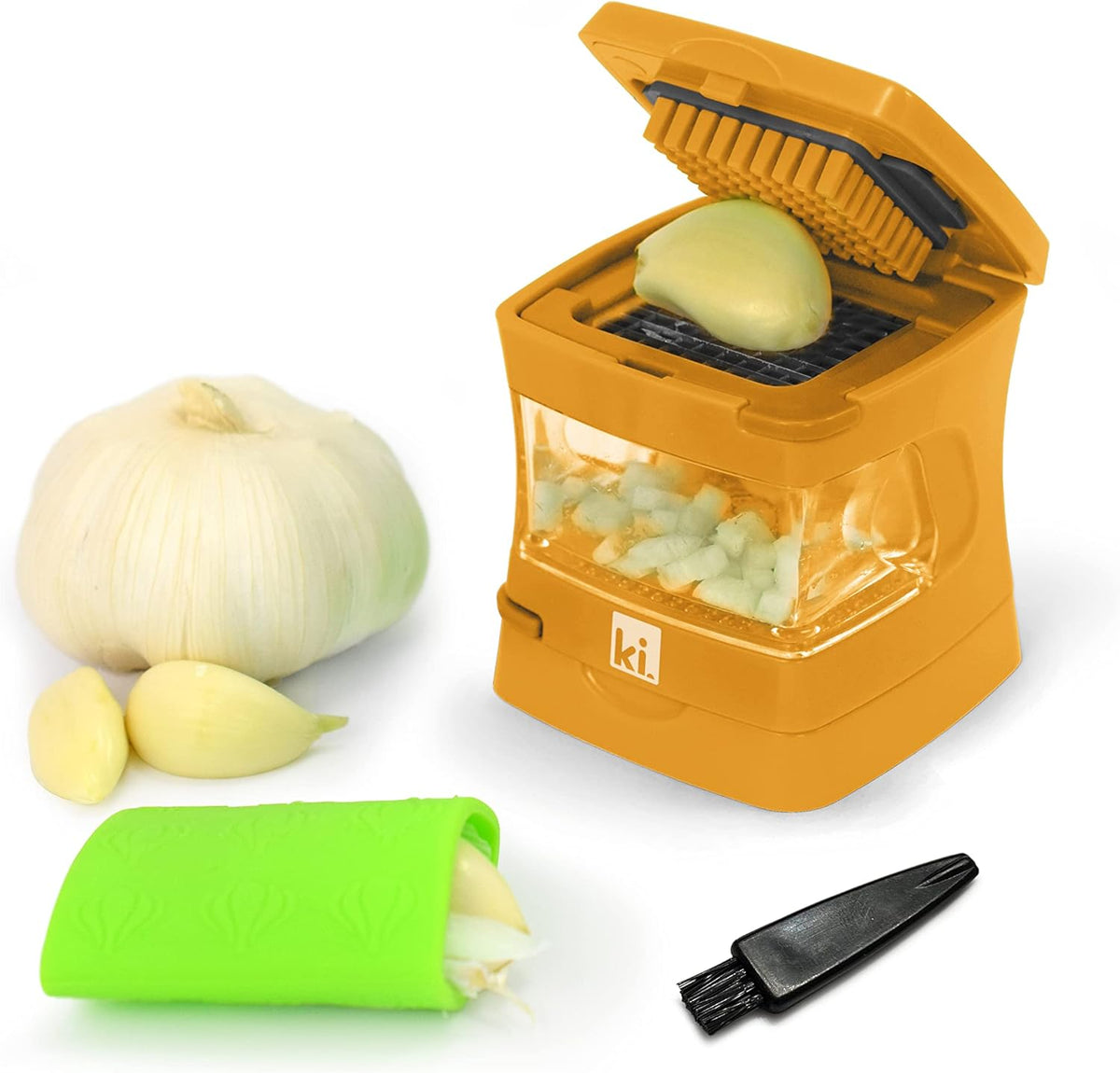 Garlic-A-Peel Garlic Press, Crusher, Cutter, Mincer, and Storage Container - Includes Silicone Garlic Peeler - Easy to Clean - Stainless Steel Blades – (Honey), standard - HomeSpice