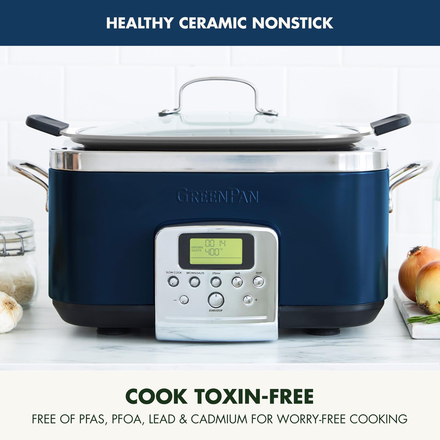 Elite 8-in-1 Programmable 6QT Electric Slow Cooker,Dishwasher Safe Lid & Removable Crock, PFAS-Free Healthy Ceramic Nonstick Multi-Cooker,Sear, Sauté,Brown,Steam Basket,Roast, Oxford Blue (6 Quarts / Oxford Blue)