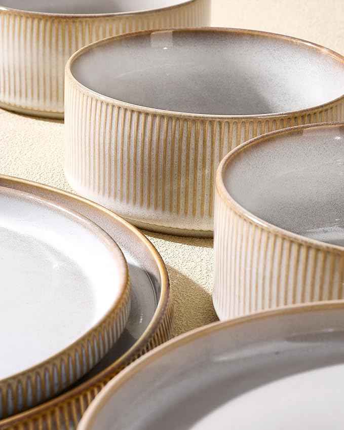 24-Piece Dinnerware Set for 8, Famiware Premium Stoneware Dish Set with Ribbed Plates and Deep Bowls, Double Reactive Glaze, Chip & Scratch Resistant, Microwave & Dishwasher Safe, Cappuccino White