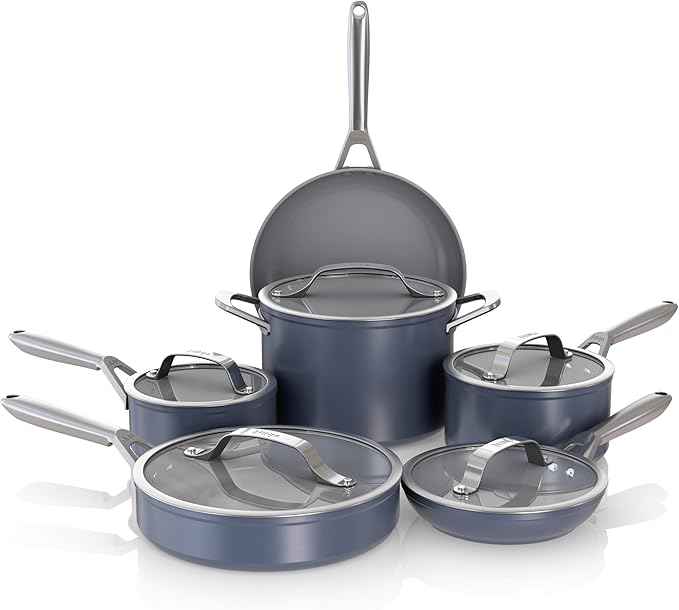Ninja Ceramic Pro 11-Piece Cookware Set, Non-Stick Pots & Pans Set with Glass Lids, Nontoxic, PTFE Free, Ceramic Coated, Oven Safe, All Stovetops & Induction Compatible, Midnight Blue, CW39011MM