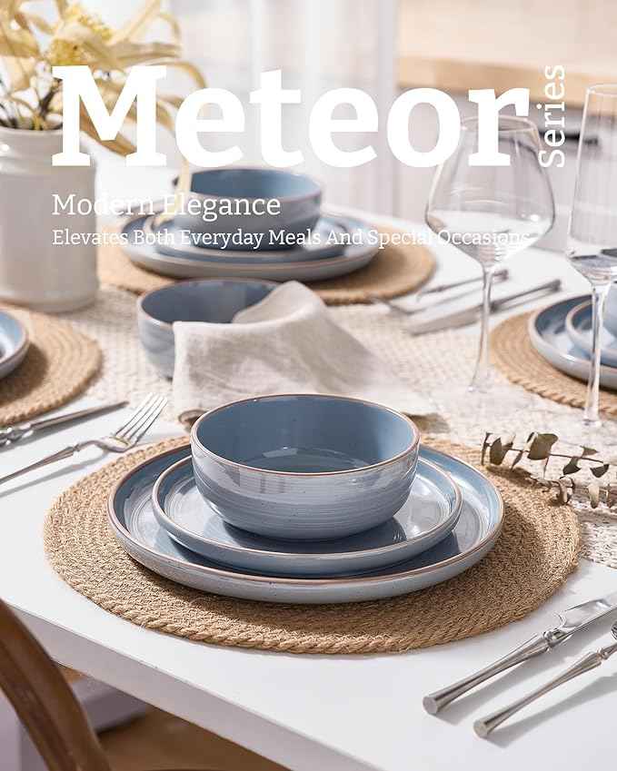 Famiware Meteor Plates and Bowls Sets for 4, 12 Pieces Dinnerware Sets, Microwave and Dishwasher Safe Dishes Set, Blue Gray