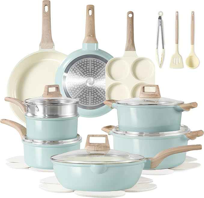 CAROTE 21-Piece Ceramic Pots and Pans Cookware Set, Non Stick Induction Cook Ware Kitchen Cooking Set Non-Toxic Health, PFAS Free
