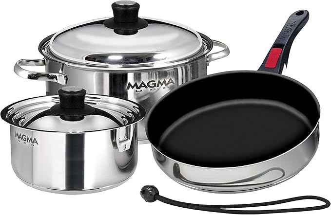 Magma 7 Piece Gourmet Nesting Stainless Steel Cookware Set with Ceramica Non-Stick, Induction Compatible, Oven Safe to 500°F - Suitable for All Stovetops, Removable Handles, Stainless Steel