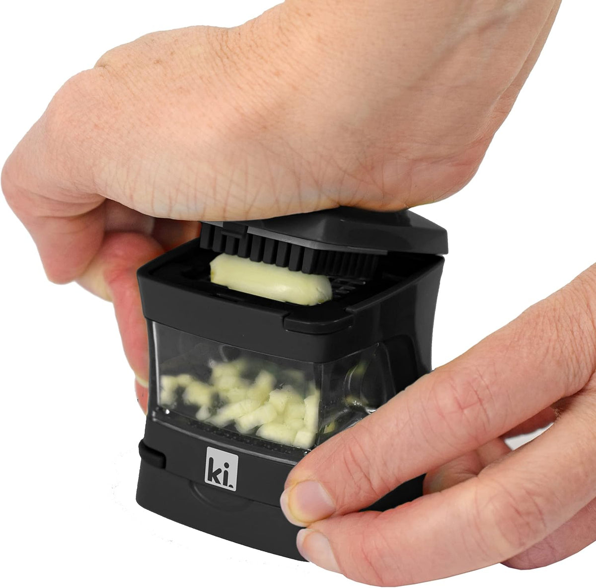 Garlic-A-Peel Garlic Press, Crusher, Cutter, Mincer, and Storage Container - Includes Silicone Garlic Peeler - Easy to Clean - Stainless Steel Blades – (Black), standard - HomeSpice