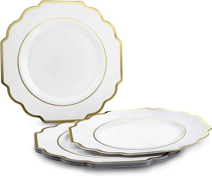 " OCCASIONS " 960 Piece set (120 Guests)-Heavyweight Wedding Party Disposable Plastic Plate Set - 120 x 10.5'' + 120 x 8'' + Silverware + Cups + Napkins (Imperial White & Gold)