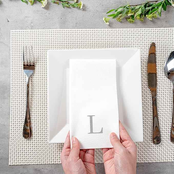Luxenap 15.8 X 7.9 Inch Linen-Feel Guest Towels, 50 Lettered Hand Towels - Silver Letter 'L', Sans Serif Font, White Paper Dinner Napkins, airlaid, For Restrooms And Tables - Restaurantware