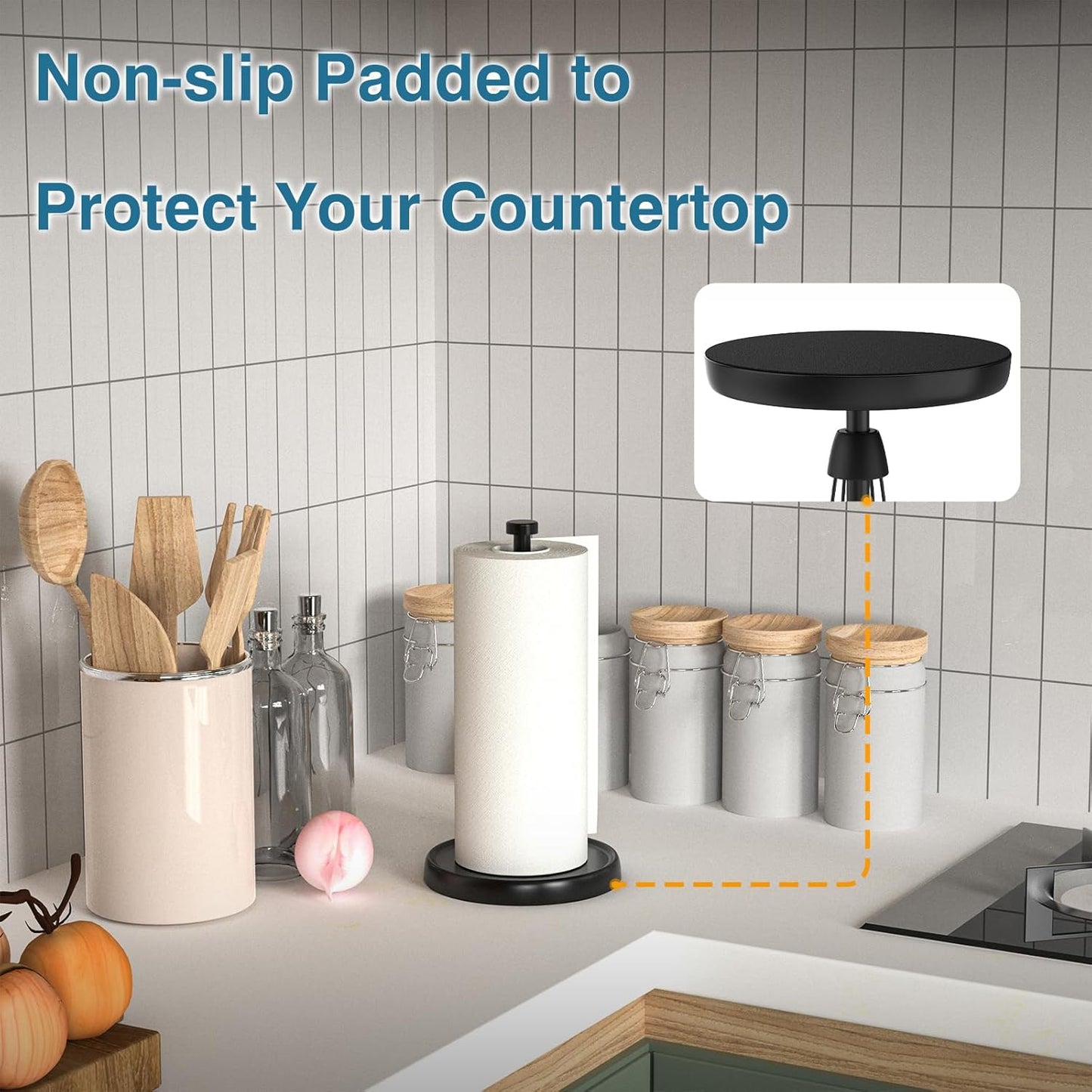 Paper Towel Holder Countertop, One-Handed Tear, Stainless Steel, Weighted Base, Black, Paper Towel Roll Holder Stand with Ratchet Mechanism for Kitchen Bathroom Farmhouse Essentials Decor Accessories