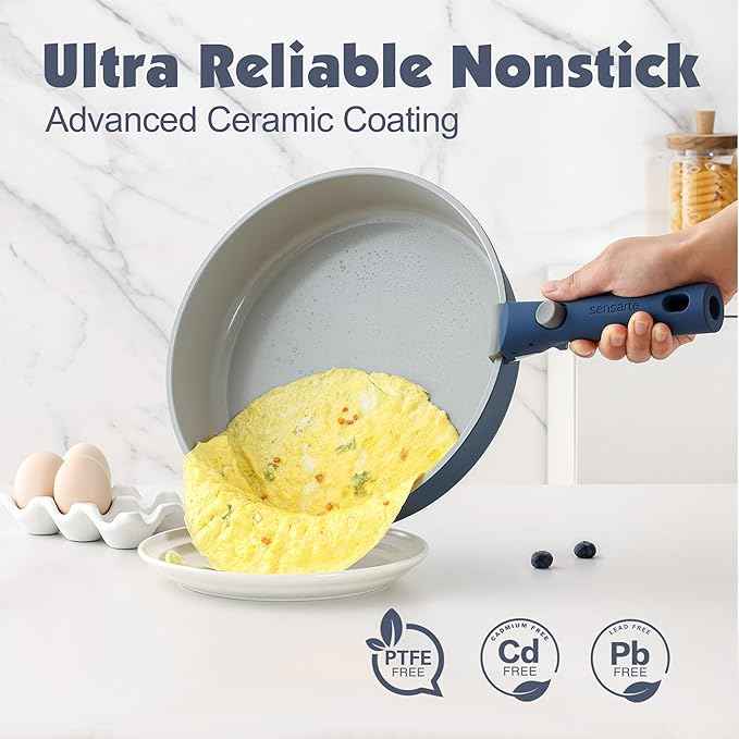 SENSARTE 24 Piece Ceramic Pots and Pans Set, Nonstick Detachable Handle Cookware, Induction Kitchen Cookware Set with Removable Handle, Healthy Non Stick for RV, Dishwasher＆Oven Safe, PFOA Free (Navy)