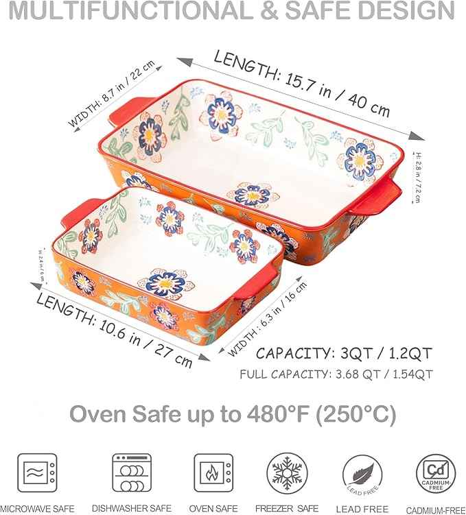 Ceramic Baking Dish Set, 2-Piece Stoneware Bakeware with Handles, 3QT & 1.2QT Casserole Dishes for Oven to Table, Microwave Dishwasher Safe, Lead-Free, Hand-Painted Bakeware -Warm Orange