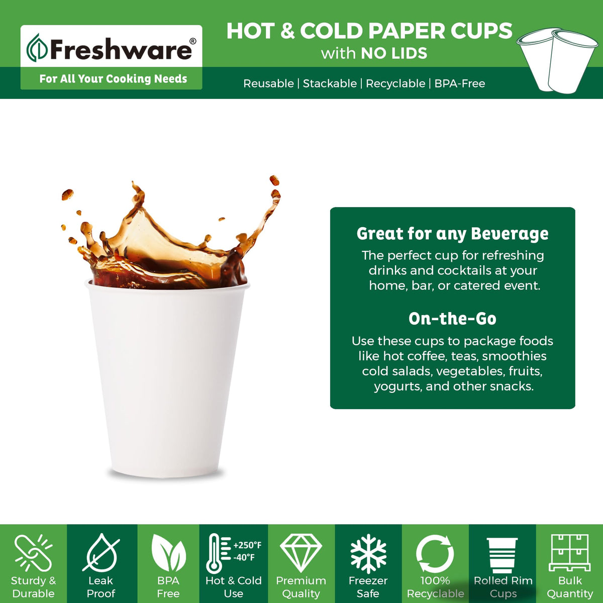Coffee Cups 8 oz [100 Pack] Disposable Paper Cups for Hot or Iced Coffee Cup (8 oz)