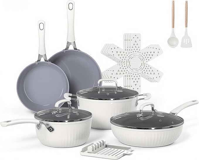 Ammeloo 15-Piece Ribbed Ceramic Cookware Set, Pots and Pans Set Non Stick, Induction Ready, Healthy Non Toxic Kitchen Cooking Set PFAS/PFOA/PTFE-Free, Silicone-wrapped Stay-Cool Handle