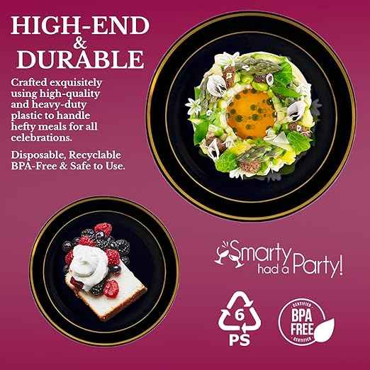 720 PCS Premium Plastic Dinnerware Set for 120 Guests, Black and Gold Rim Plates Disposable Heavy Duty, Including 120 Dinner Plates, 120 Dessert Plates, 120 Cups 10 oz. & 120 Gold Cutlery Set