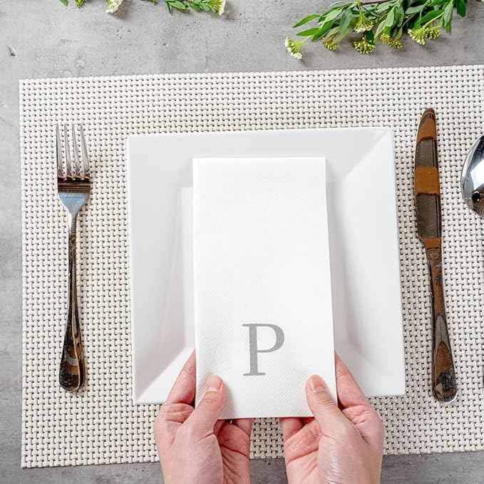 Luxenap 15.8 X 7.9 Inch Linen-Feel Guest Towels, 2000 Lettered Hand Towels - Silver Letter 'P', Sans Serif Font, White Paper Dinner Napkins, airlaid, For Restrooms And Tables - Restaurantware