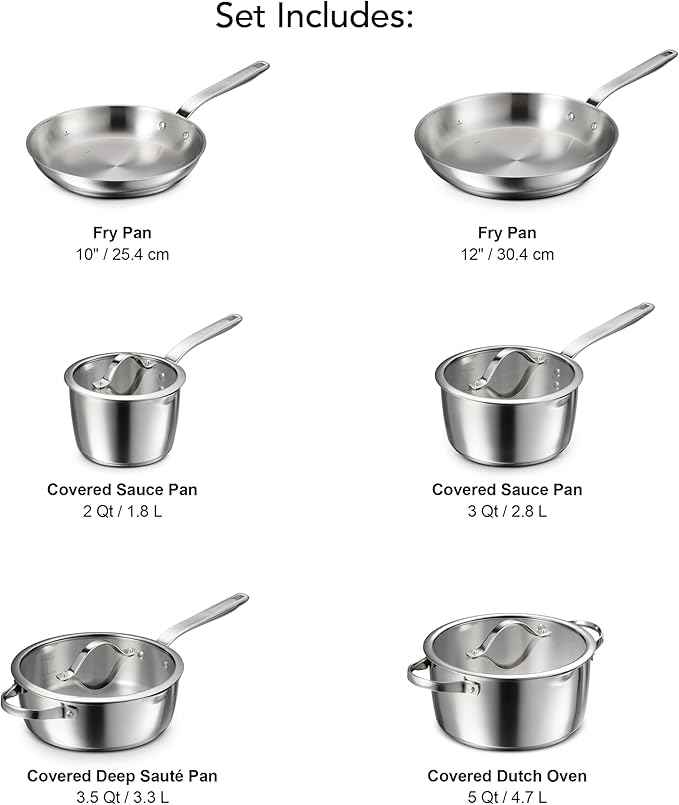 Tramontina Tempo Tri-Ply Base Stainless Steel 10-Piece Cookware Set with Glass Lids, Pots and Pans Kitchen Set, Induction-Ready, Oven-Safe, Dishwasher-Safe