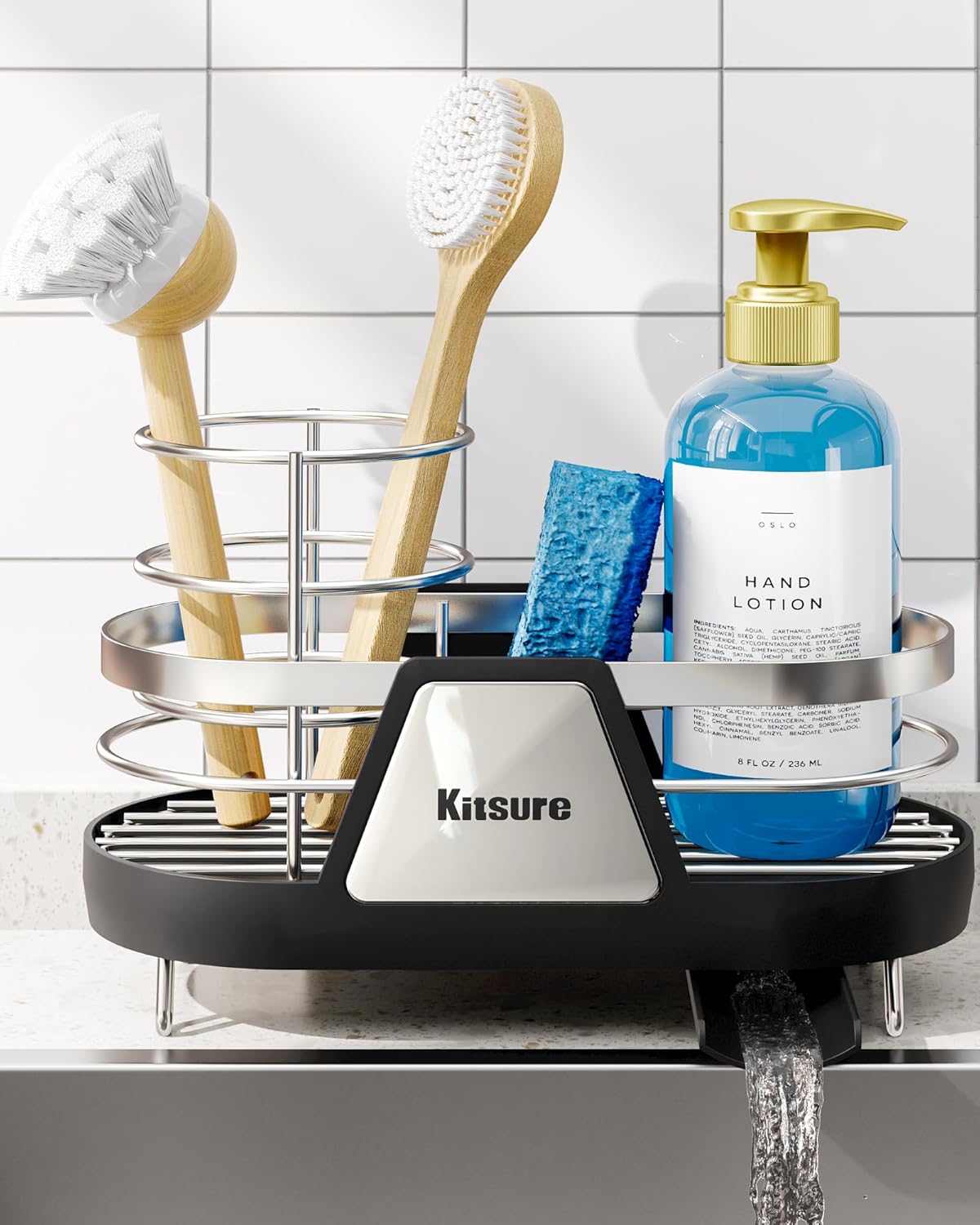 Kitsure Sponge Holder for Kitchen Sink - Space-Saving Kitchen Sink Caddy, Rustproof Metal Organizer with Removable Brush Holder, 7.9"×3.9"×5.3", Black