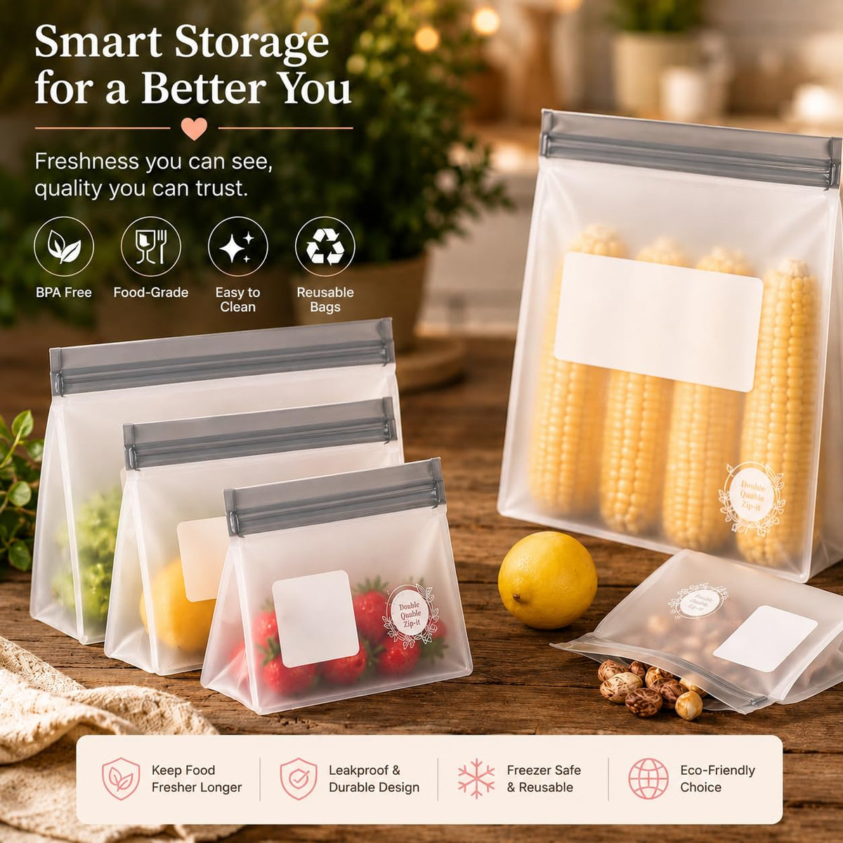 Reusable Food Storage Bags (10 Pack of 5 Gallon, 5 Large Bags (Grey))